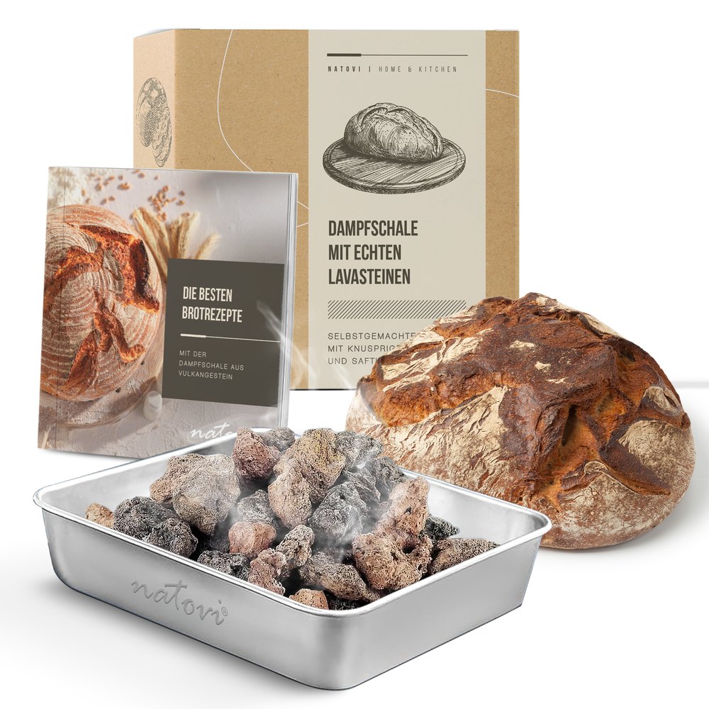Das komplette Set: Dampfschüssel mit Lavasteinen, Rezeptbuch, Geschenkbox und Brot