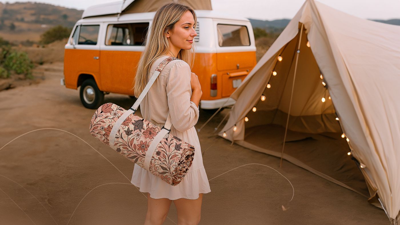 Mujer con la manta Boho enrollada al hombro